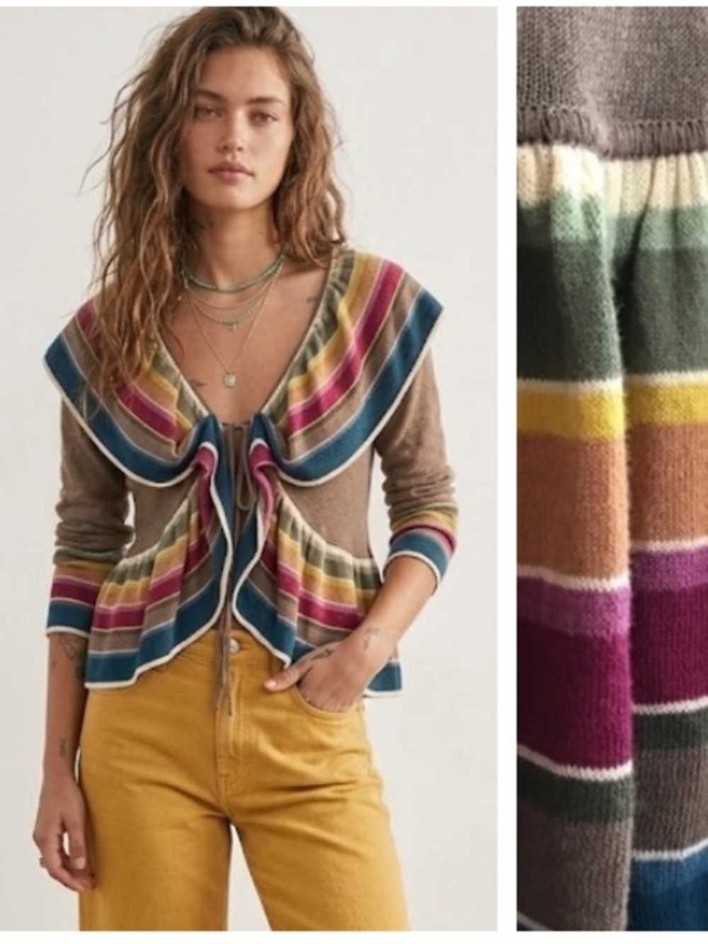 Kenzo Brown Colorful Stripe Ruffle Peplum Tie Front Cardigan Sweater Small